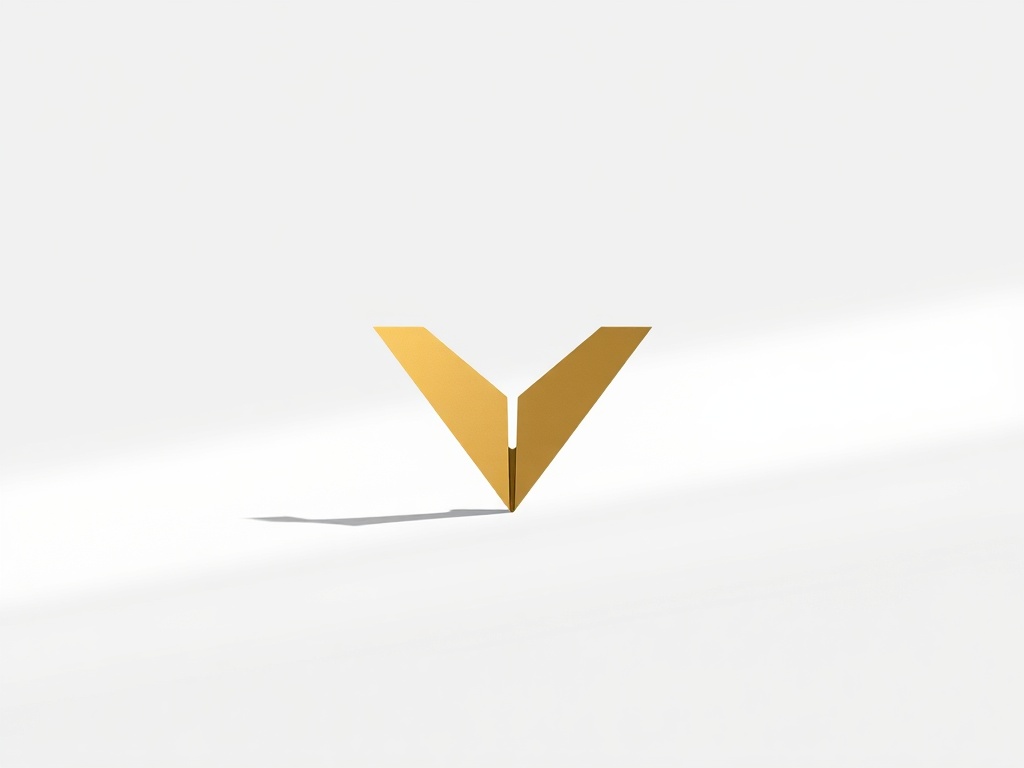 Minimalist, sleek logo mark: a geometric shape like a stylized paper plane or a rising arrow, matte gold finish, isolated on a clean white surface with soft shadows, photorealistic, 8k.