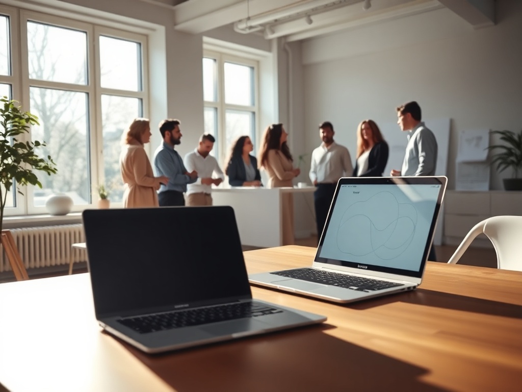 Wide cinematic shot of a minimalist Scandinavian workspace with natural light streaming through large windows, a sleek wooden desk, and a laptop with a blurred diagram on the screen. In the background, a team of diverse professionals engaged in a collaborative discussion. Photorealistic, 8k, commercial photography, soft shadows, elegant composition.